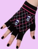 black-pink fingerless gloves with skulls & checker