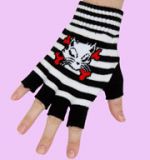 black-white Kitty fingerless gloves