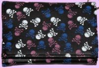 black wallet with many colourful skulls