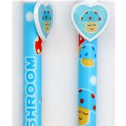 blue toadstool pencil with mushrooms and heart kawaii