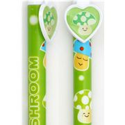 green toadstool pencil with mushrooms and heart kawaii
