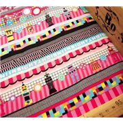 pink robot fabric with many colourful elements 0.5m