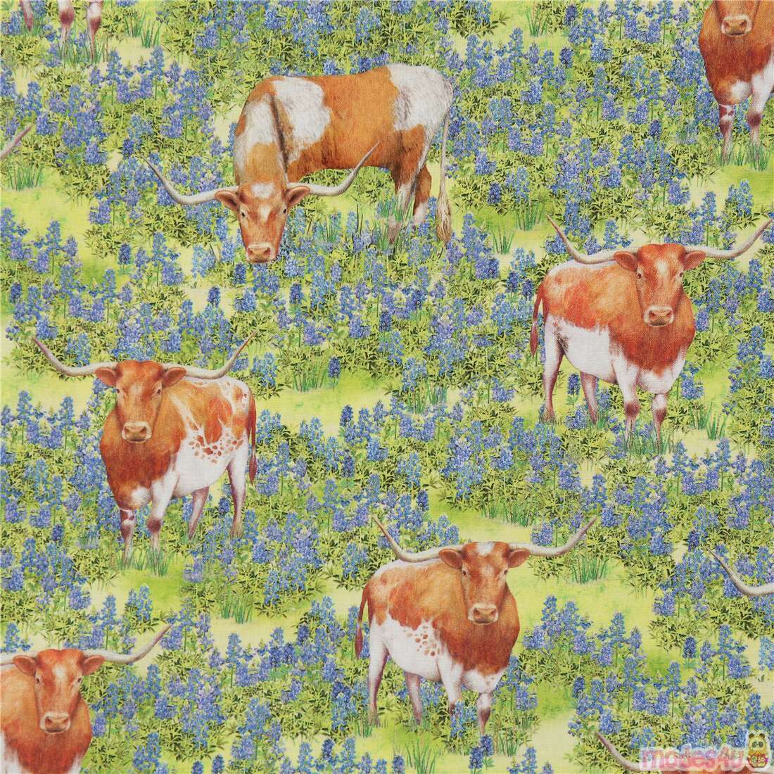 Texas Cows in Flowers Field Fabric