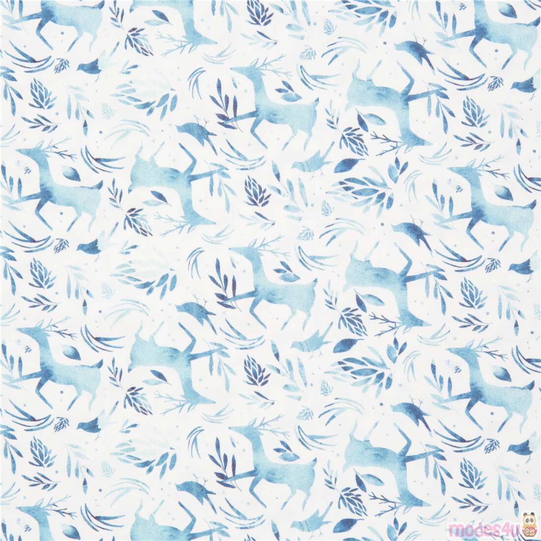 Winter Reindeer Blue Painted Flora Bird Fabric