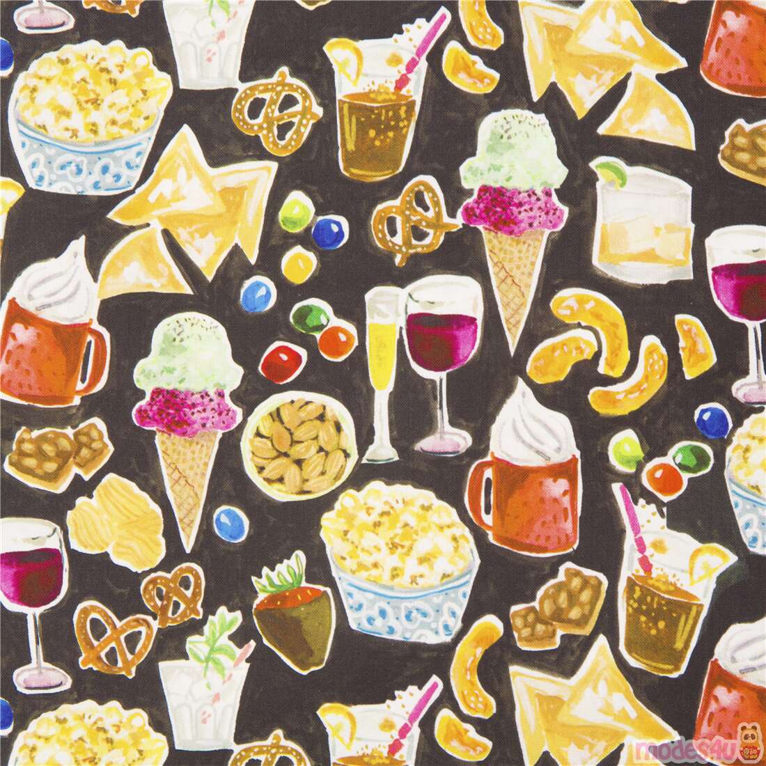 schwarze Baumwolle Snacks Aquarell bunte Popcorn Wein Chips Stoff