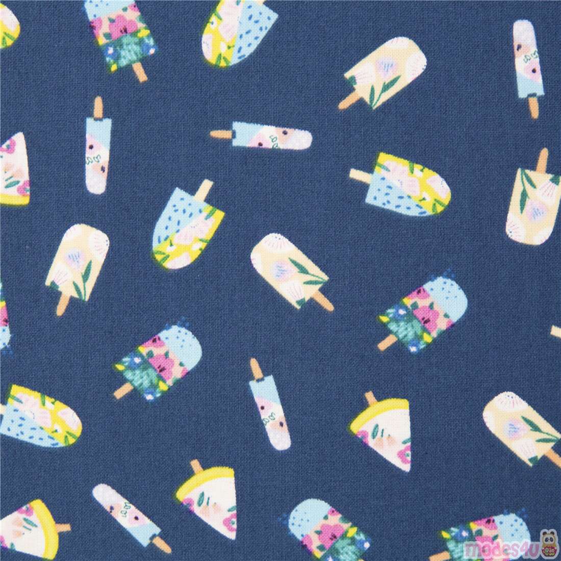 blauer Stoff mit floralen Akzenten bunte sommerliche kleine Eis am Stiel Stoff