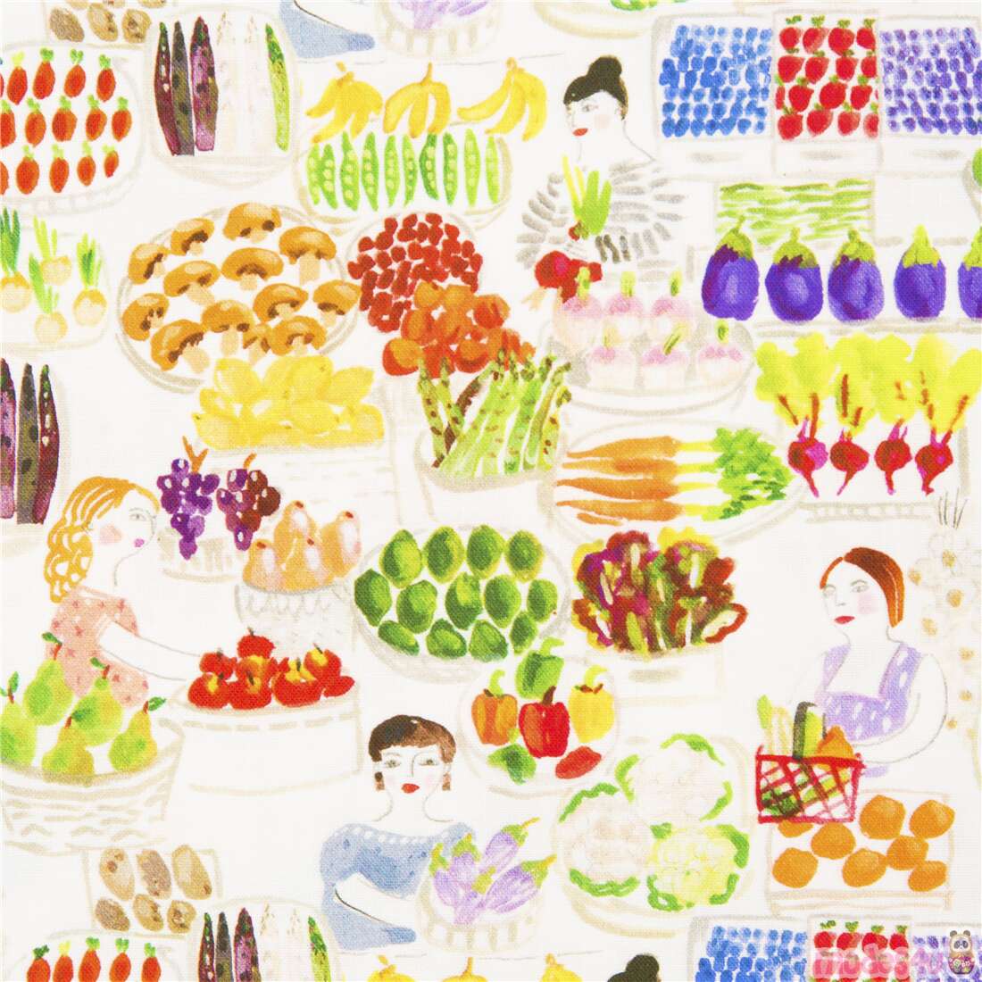 Markttag weißes Obst und Gemüse Aquarell bunt Baumwolle Stoff