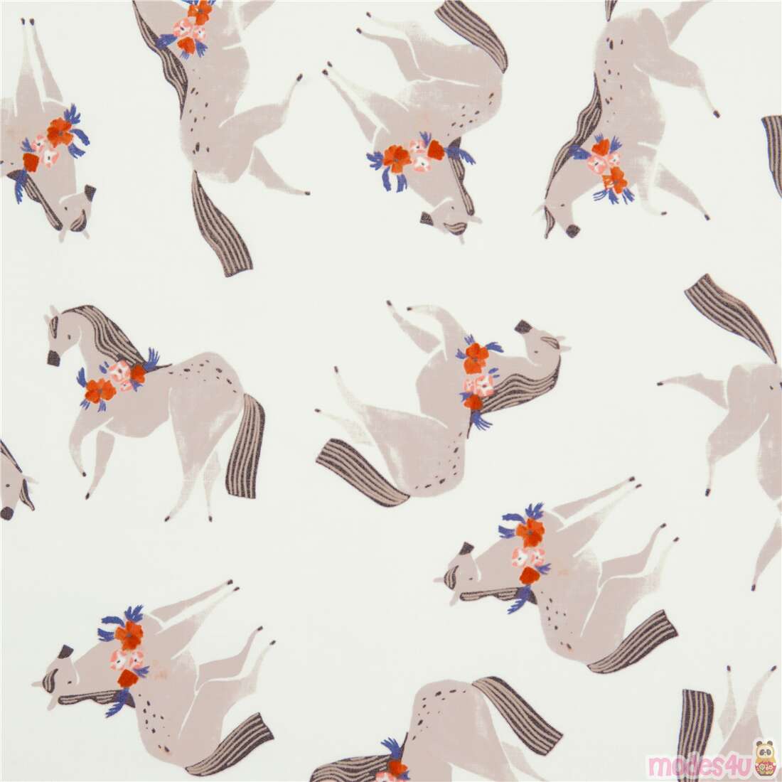 Illustrated Grey Ponies Wearing Flower Garland Fabric