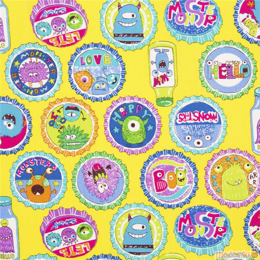 Colorful Bottlecaps Monsters Aliens Fabric