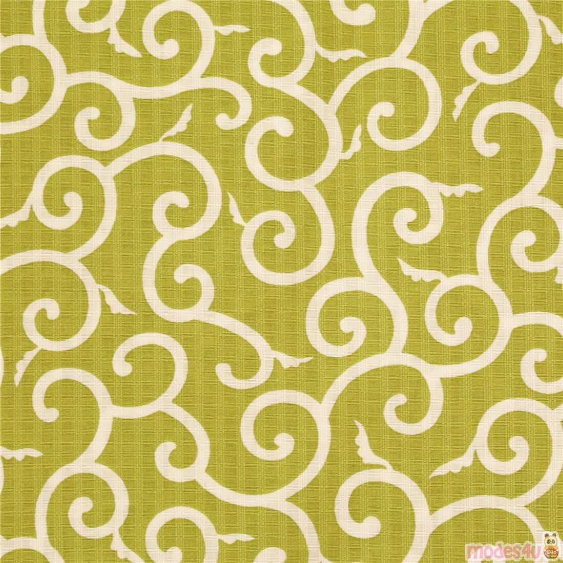 Chartreuse White Swirls Karakusa Pattern Fabric