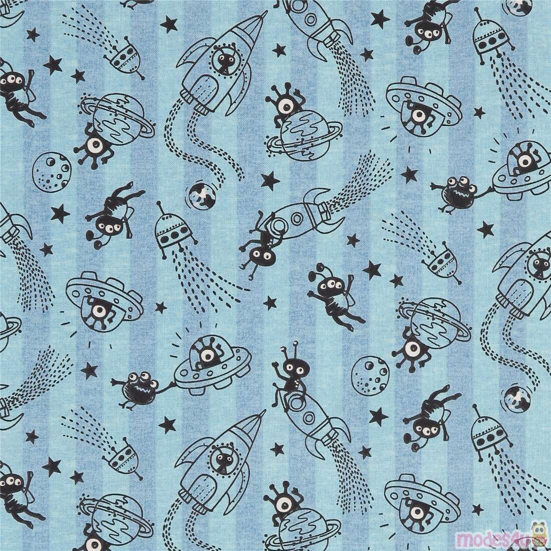 Cartoon Aliens Space Ships Rockets on Stripe Fabric