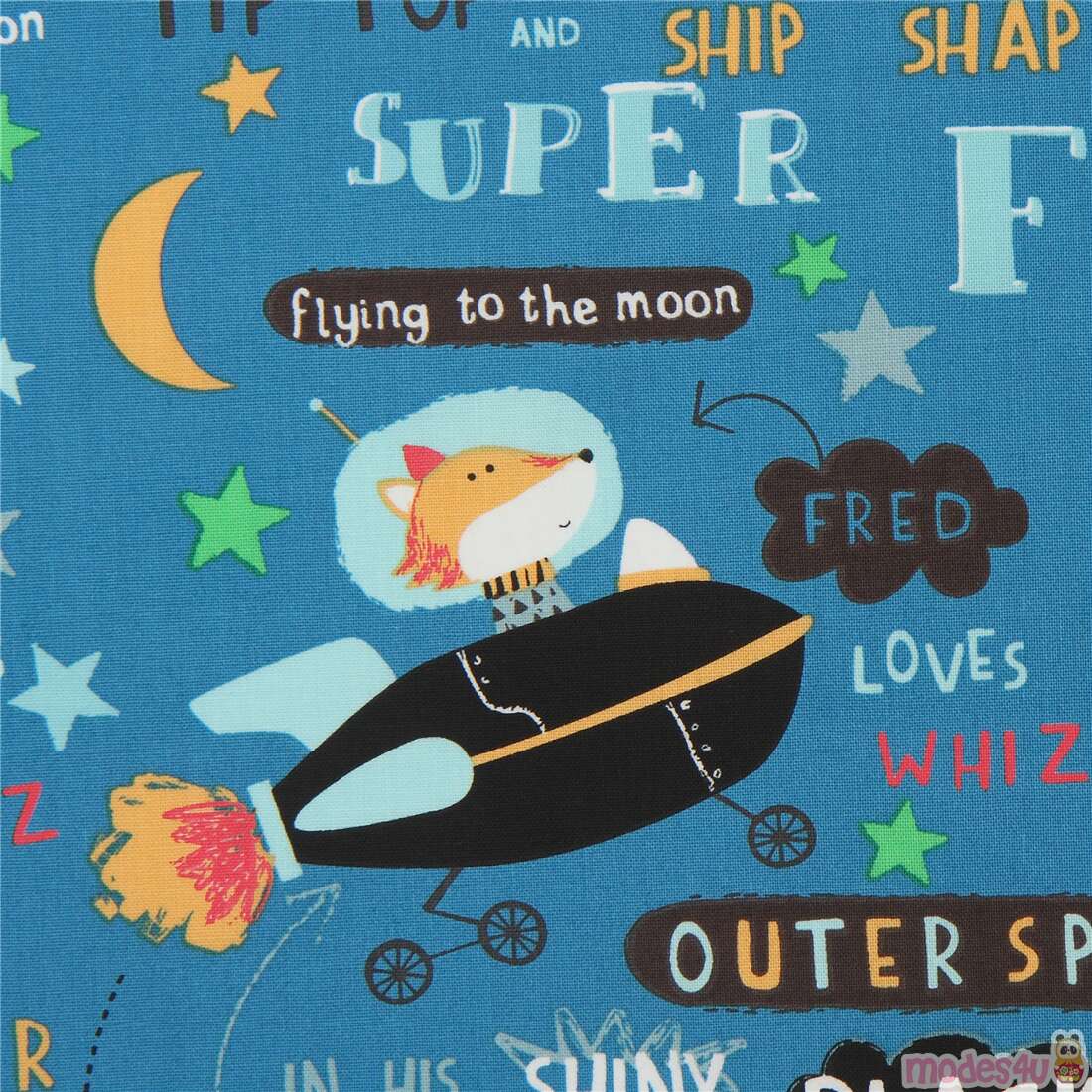 Glow in the Dark Space Rocket Robots Phrases Fabric