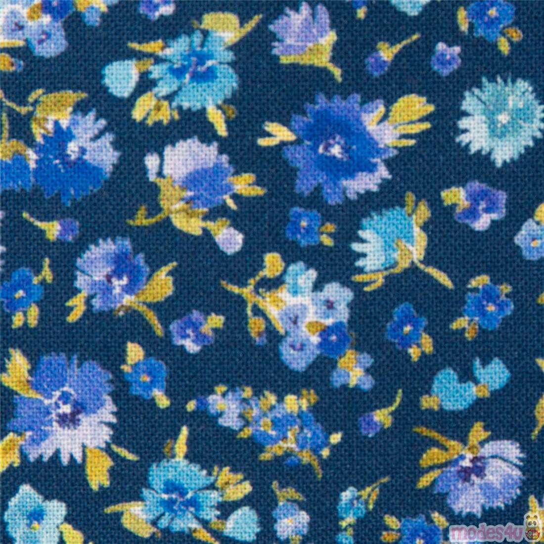 Navy Delicate Blue Foliage Flowers Fabric