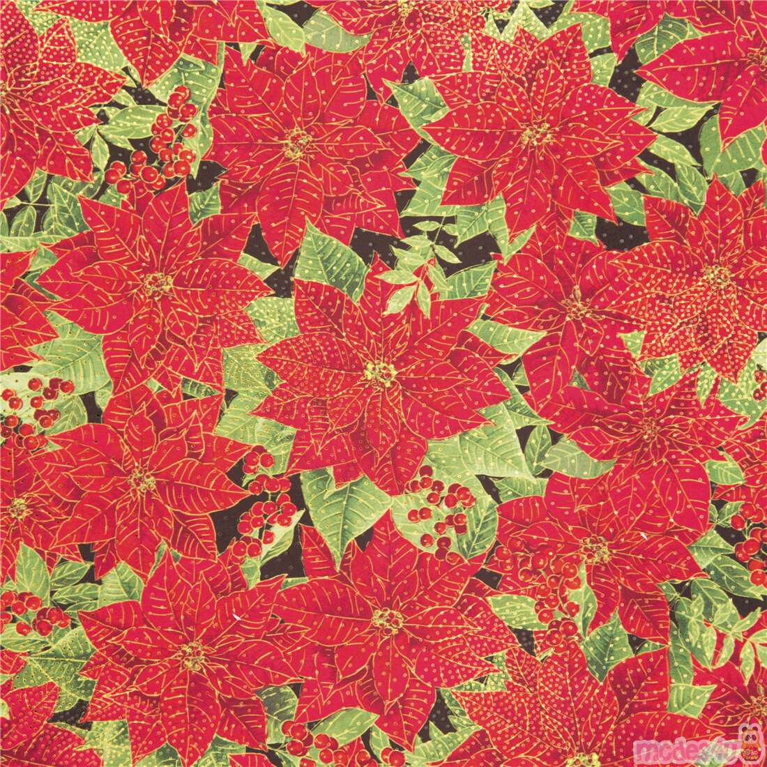Sparkle Gold Poinsettia Super Soft Cuddly Fabric