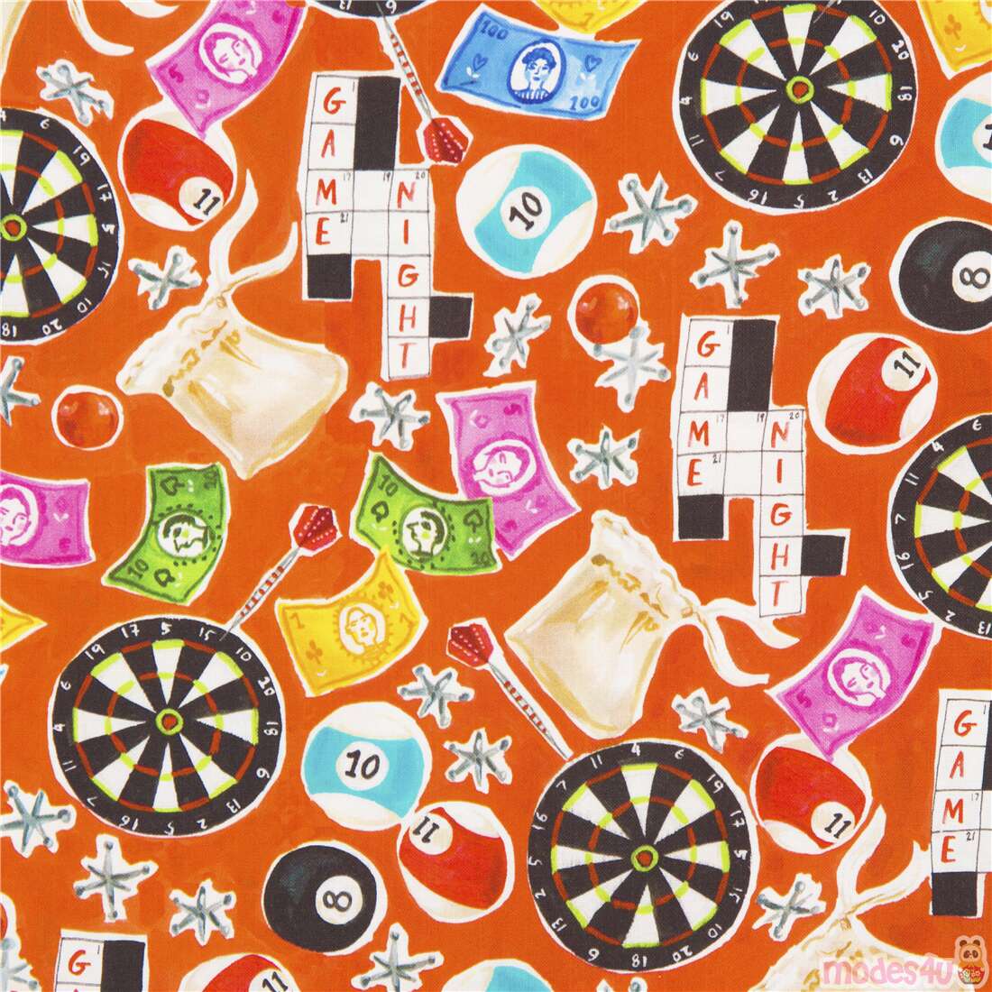 Rote Baumwolle mit Gegenständen zum Thema Spieleabend wie Jacks Darts Kreuzworträtsel Stoff