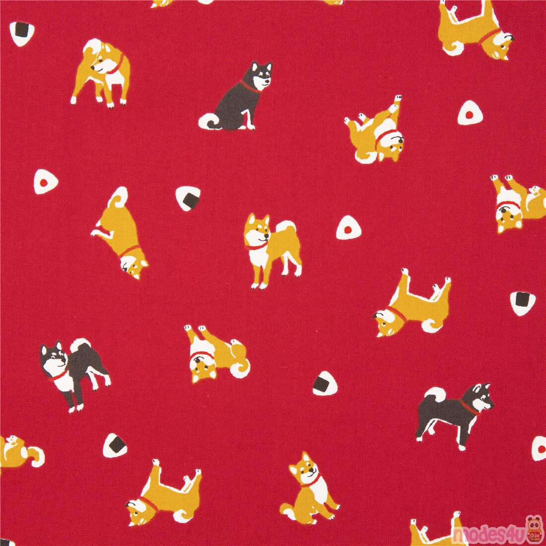 Tumbling Cute Shiba Inu Dogs and Rice Balls Fabric