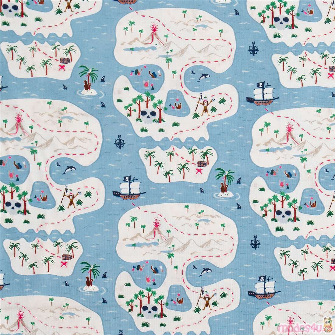Skull Island Treasure Map Pirate Fabric
