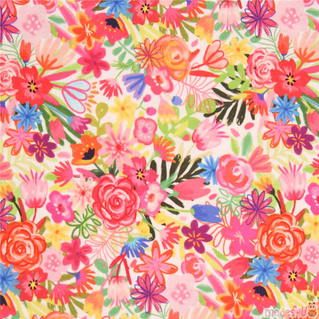 Bright Rainbow Doodle Flowers Fabric