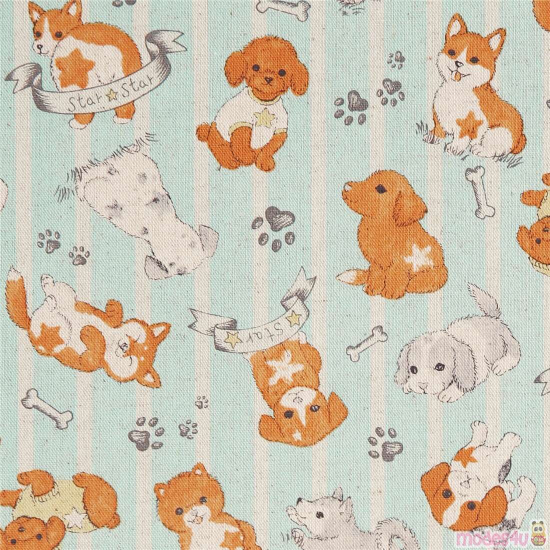 Cute Puppy Dogs Paws and Stripes Poodle Shiba Fabric