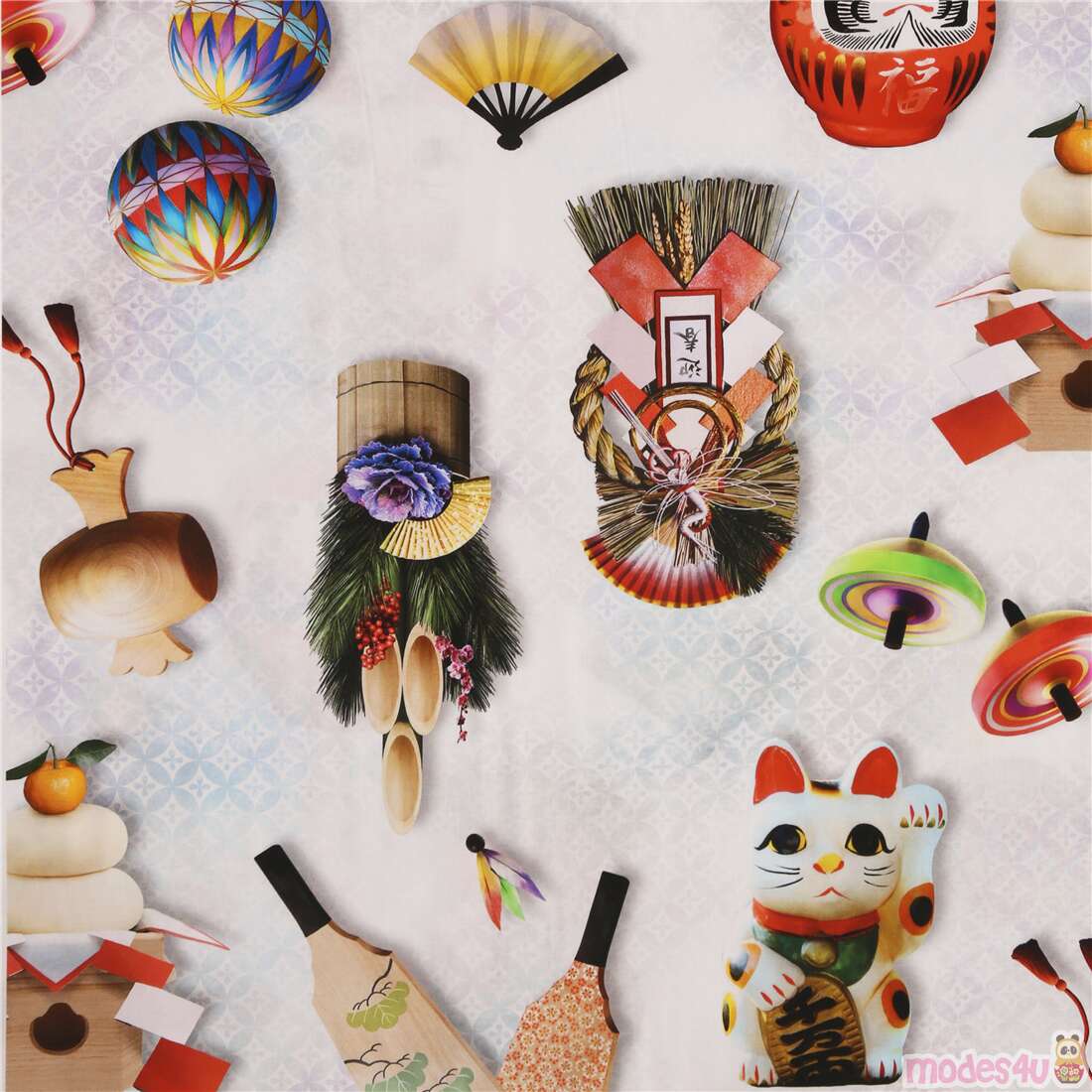 Japanese Good Fortune Icrons Maneki Neko Fabric