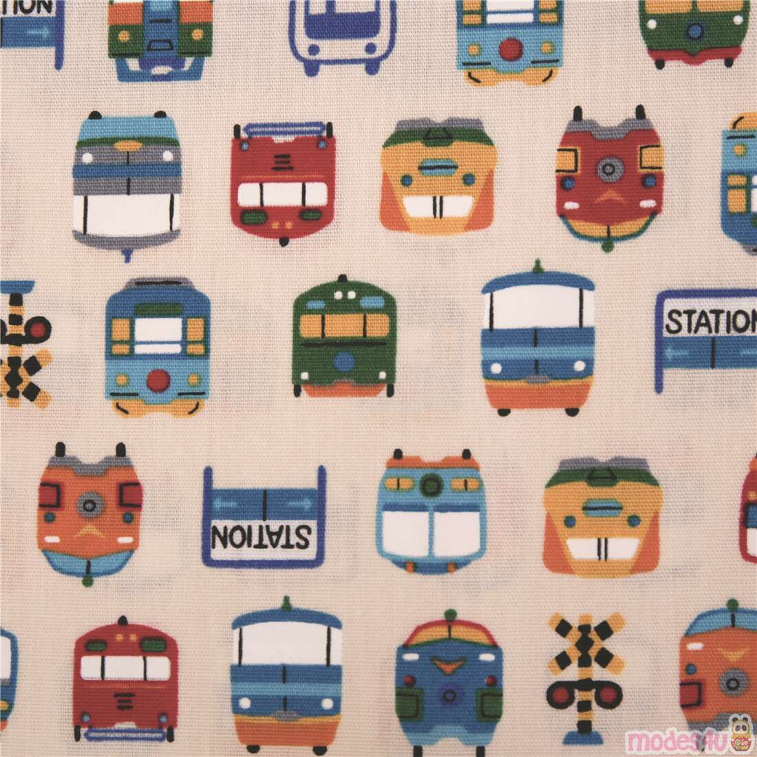 Retro Vintage Colourful Train Crossings Fabric