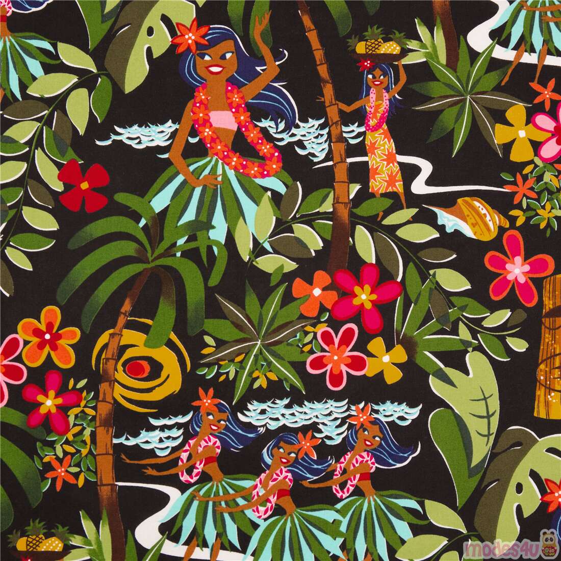Leis Luaus and Alohas Hawaiian Hula Girls Fabric
