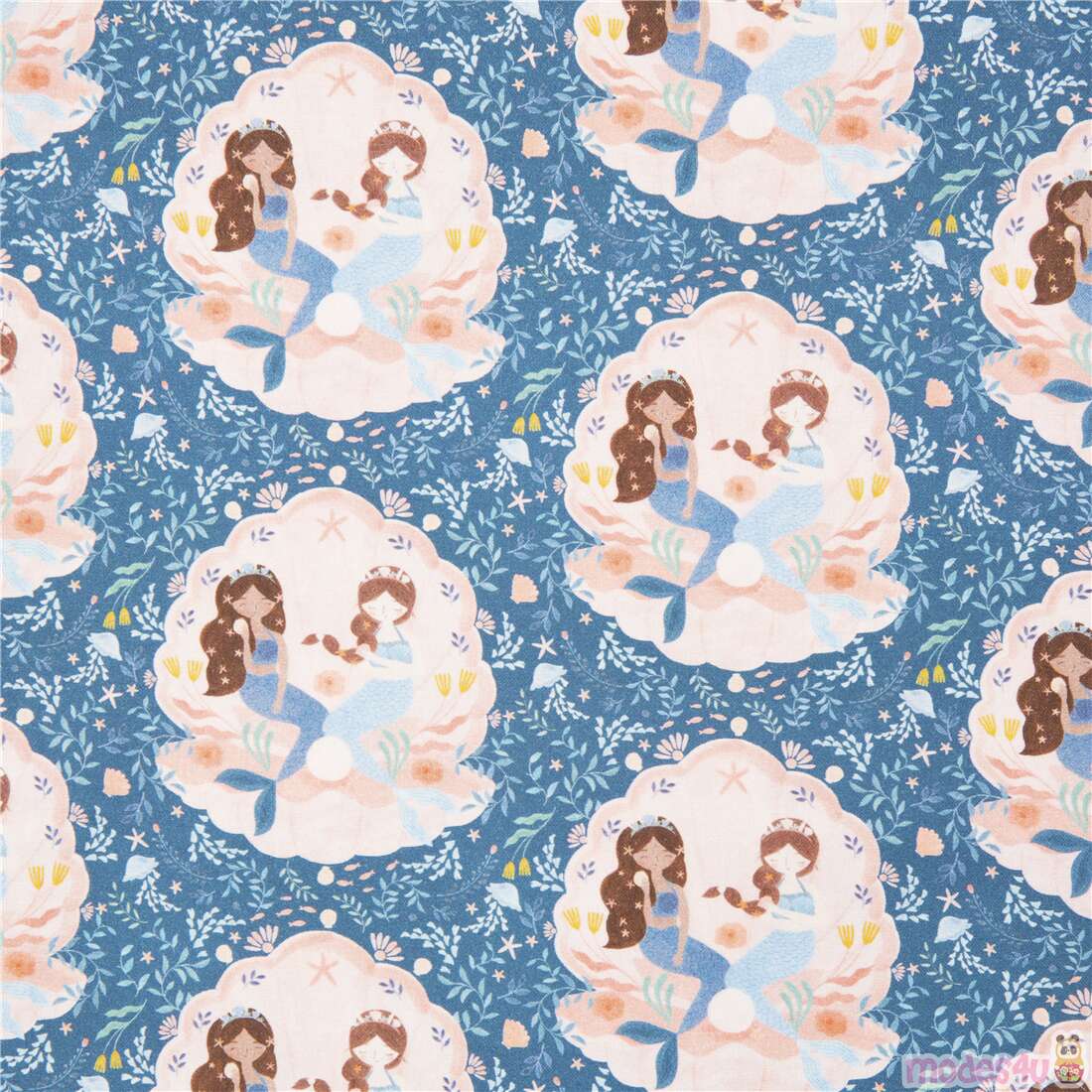 Mermaid Friends in Clam Shell Ocean Floral Fabric