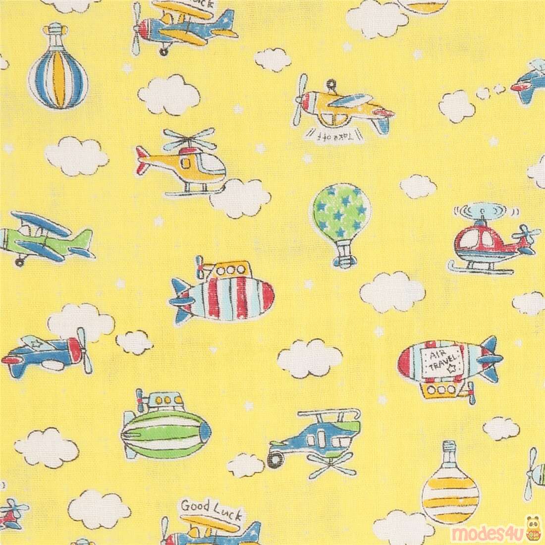 Cute Retro Airplanes Hot Air Balloons Clouds Fabric