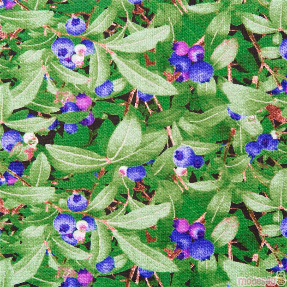 Tela de fruta silvestre fresca matas ar�ndano bayas azules hojas verdes algod�n Tela