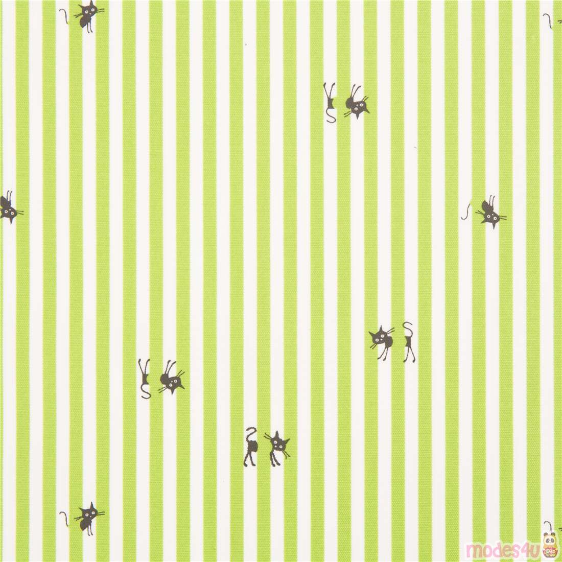 Tela oxford verde y blanca rayas de Japón con pequeños gatos negros Retazo (Retazo)