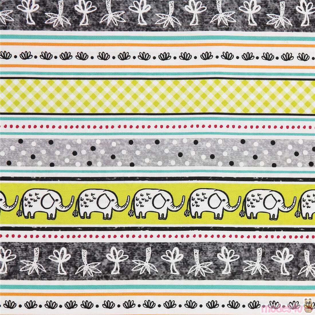Elephants Palm Tree Mixed Pattern Stripe Fabric
