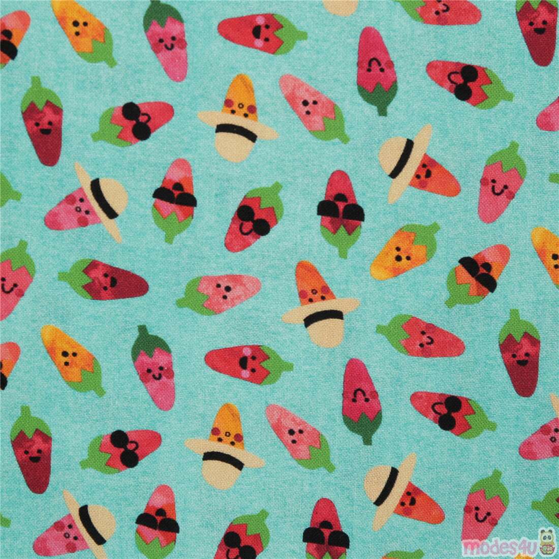 Chili Smiles Happy Faces Red Peppers Hats Fabric