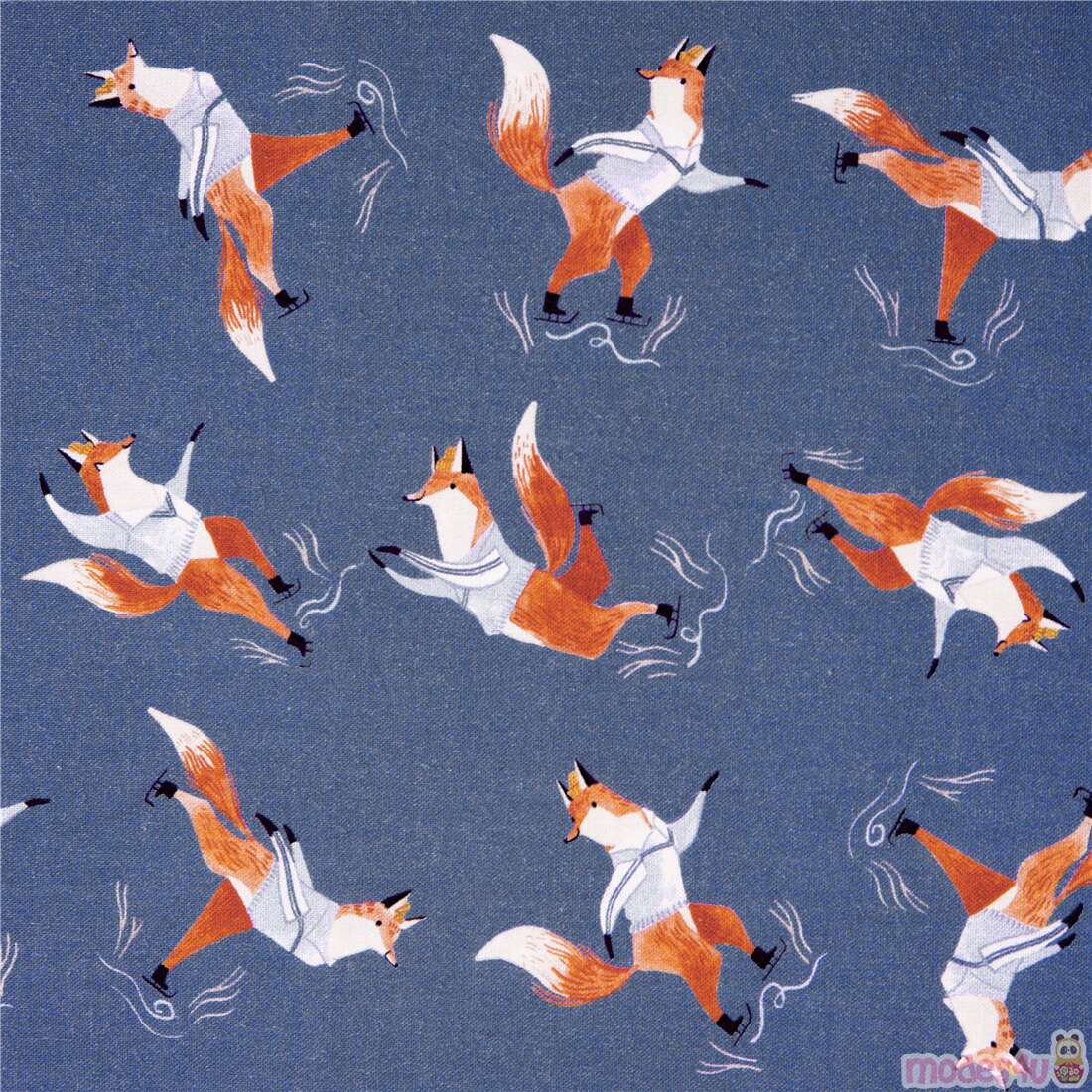 Illustrated Foxes Ice Skates Wearing Jumpers Fabric