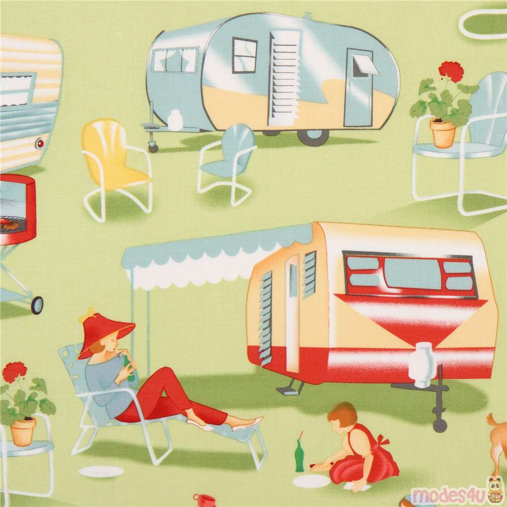 Tessuto retr� verde chiaro tema camping, USA Tessuto