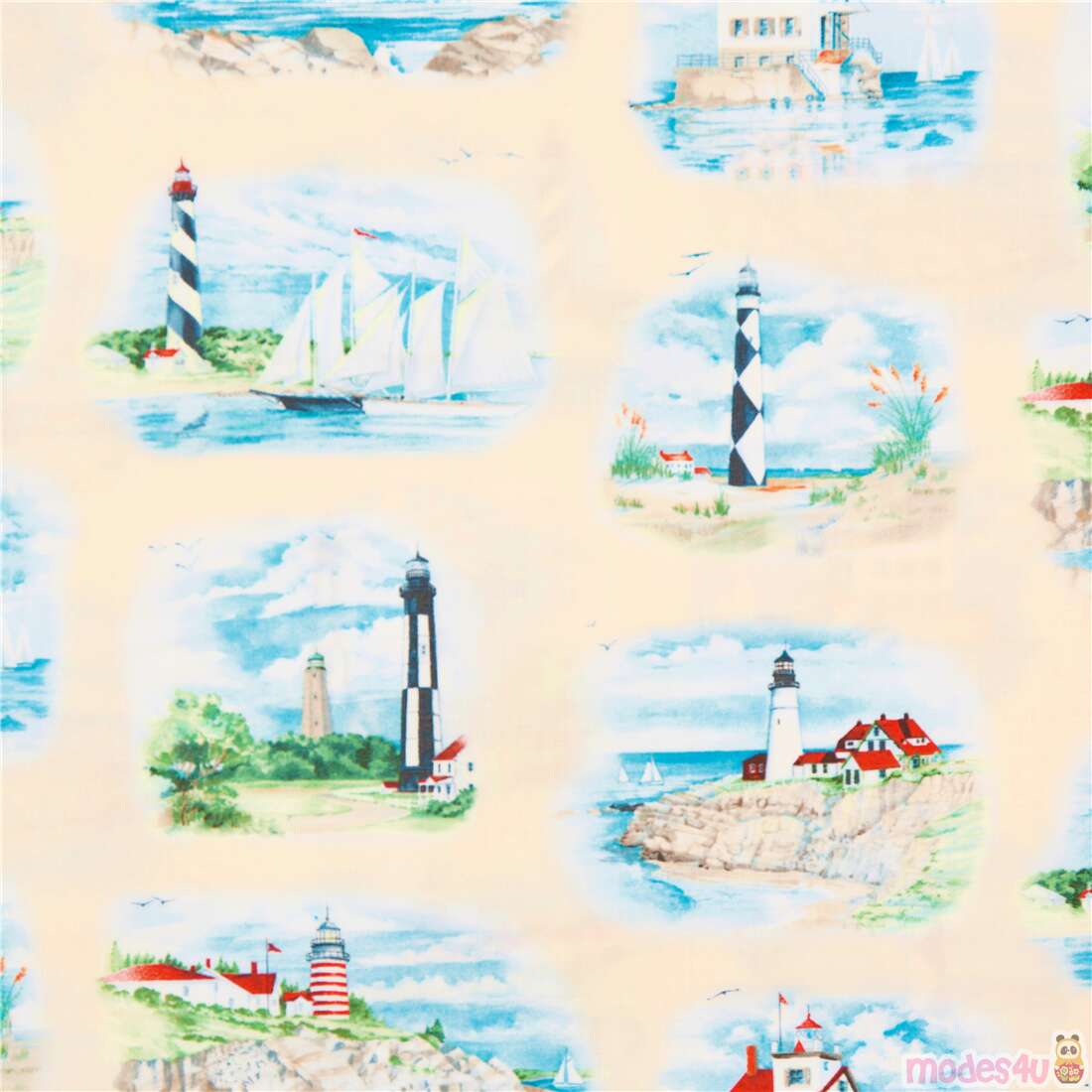 Tela de faros paisaje costa cielo azul y mar en algod�n crema de EE. UU. Tela