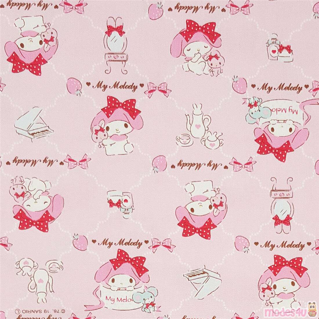 light pink laminate fabric with My Melody and small strawberries Fabric