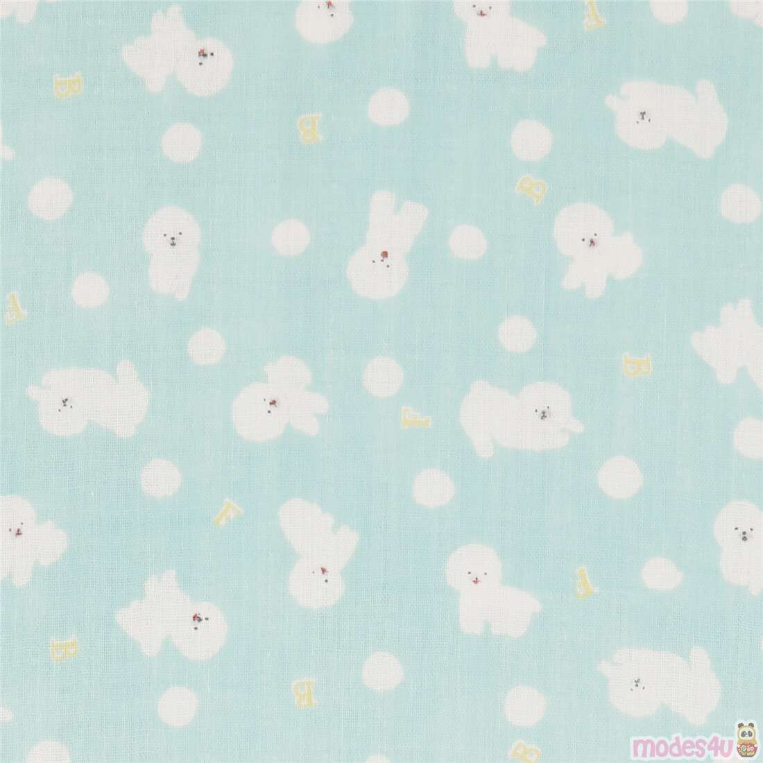 Kawaii Mint Bichon Frise White Dogs and Dots Fabric