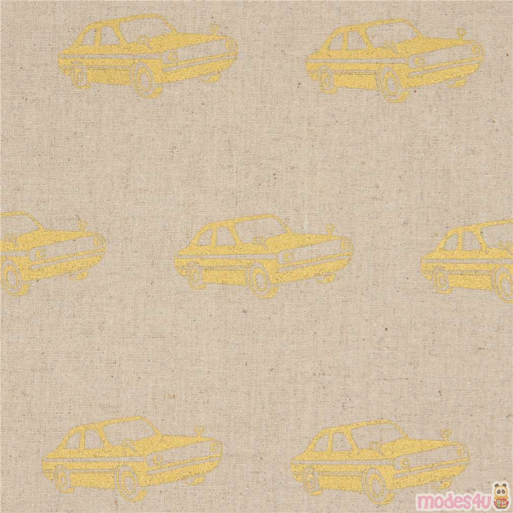 Natural Tossed Repeating Gold Cars Metallic Fabric