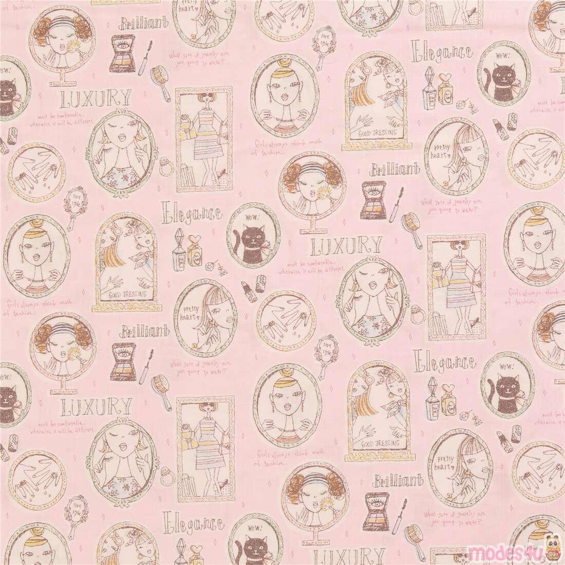 Illustrated Girls Cosmetics Mirrors and Frames Fabric