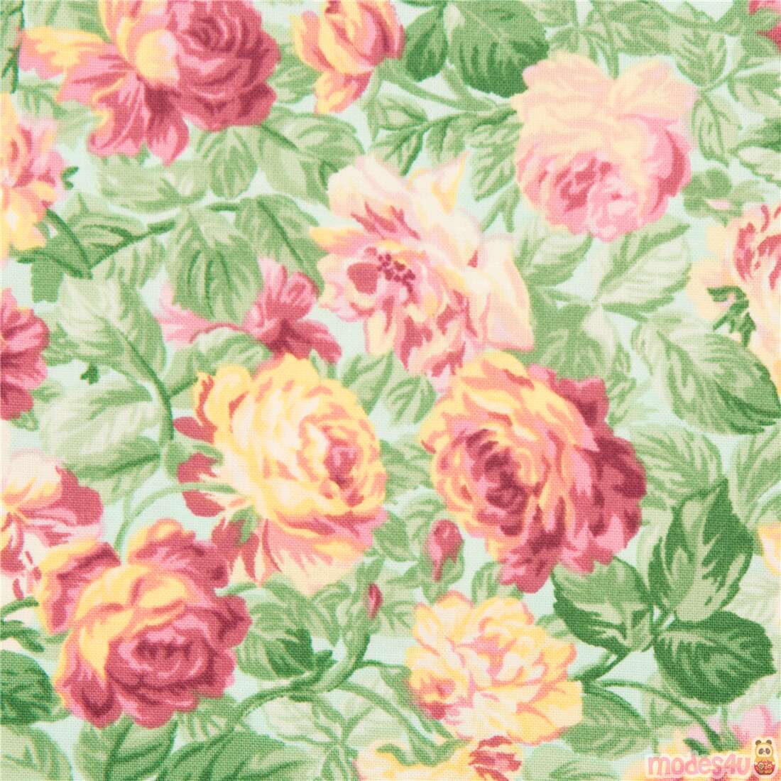 Pale Floral Roses Lush Foliage Fabric