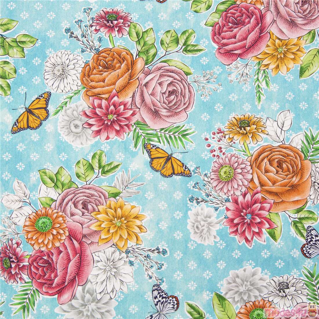 Blushing Bouquet Riviera Roses Butterflies Fabric