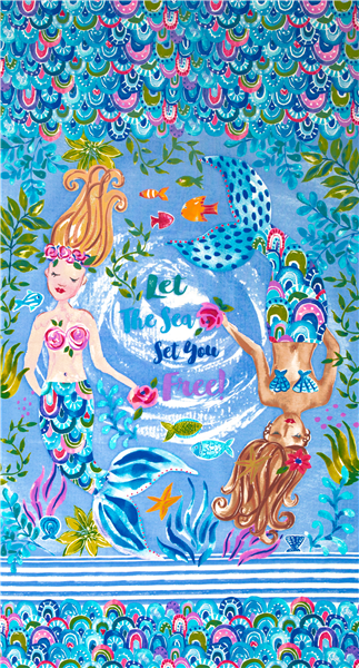 Let the Sea Set You Free Watercolour Mermaids Panel Fabric
