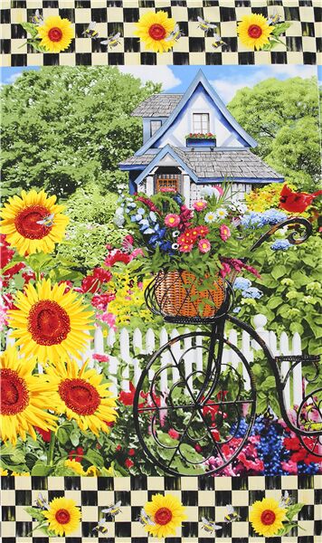 Country Cottage Flower Garden Checker Boarder Fabric
