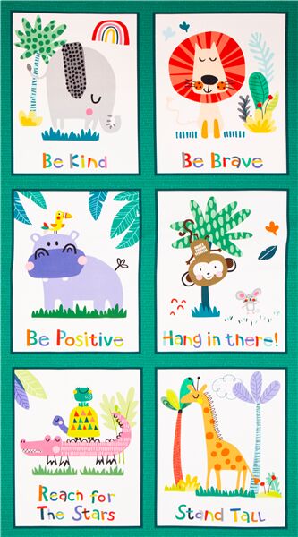 Be Kind Rainbow Safari Animals Motivation panel Fabric