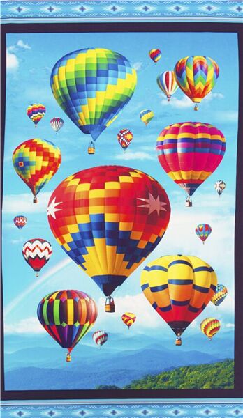 Tela panel multicolor globos aeros�ticos cielo azul marco negro algod�n EE. UU. Tela