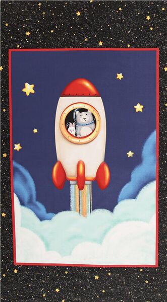 Outer Space Animals Red Space Rocket Fabric