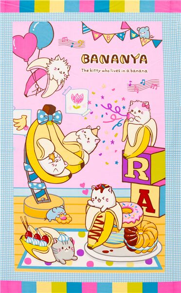 Kawaii Bananya Cat Party Scene Fabric