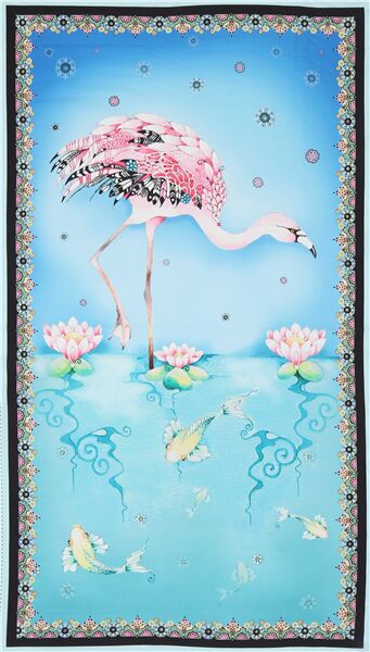 Flamingo with Lotus Flowers and Fish Fabric