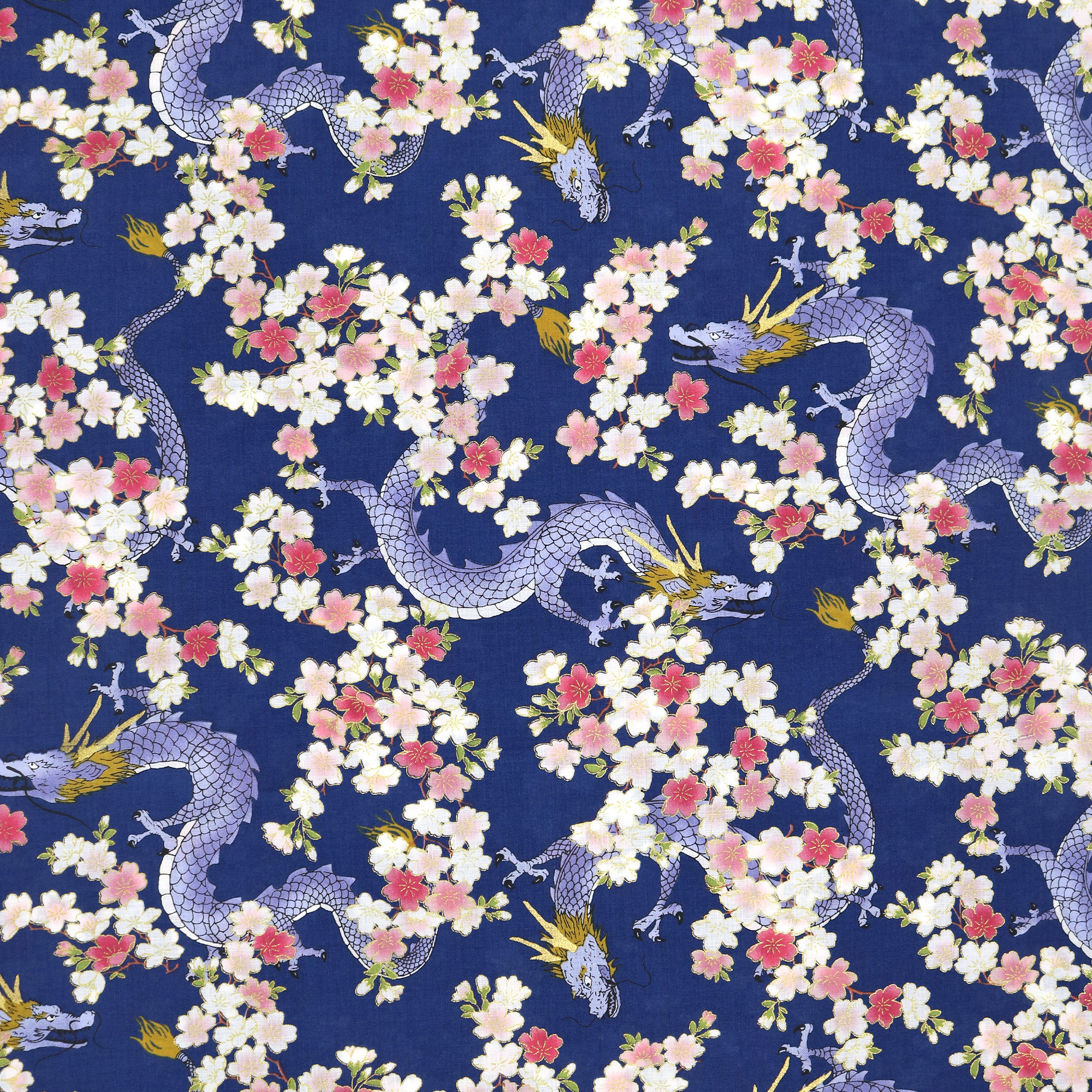 Cherry Blossom Traditional Mythical Dragons Fabric