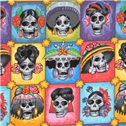 Tela de calaveras de colores con forma floral amarilla